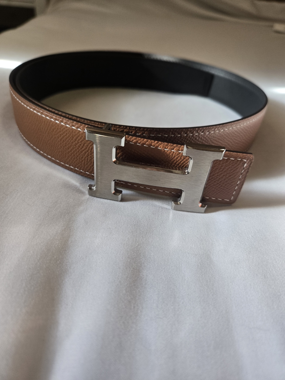 Reversible Leather Belt with Silver H Buckle 80